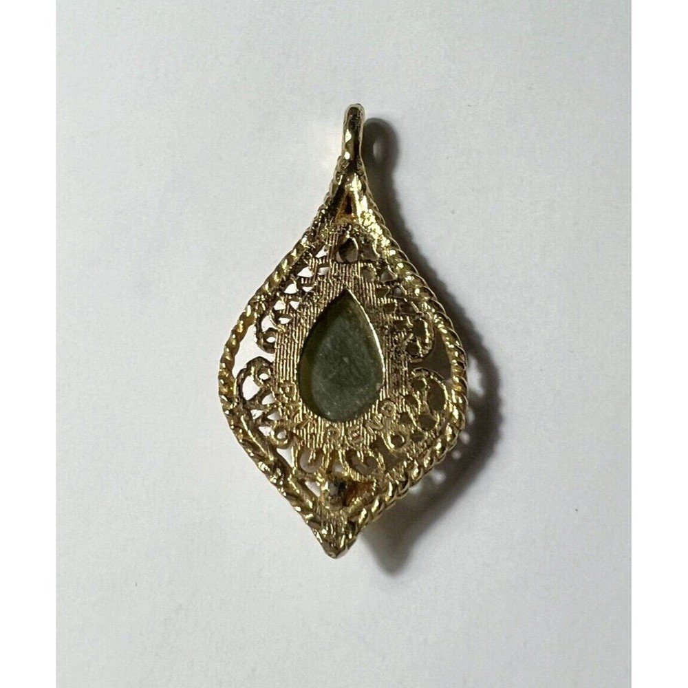Vtg Jade Diamond and Cultured Pearl Teardrop Gold Tone Pendant Pat Pending - Picture 6 of 6